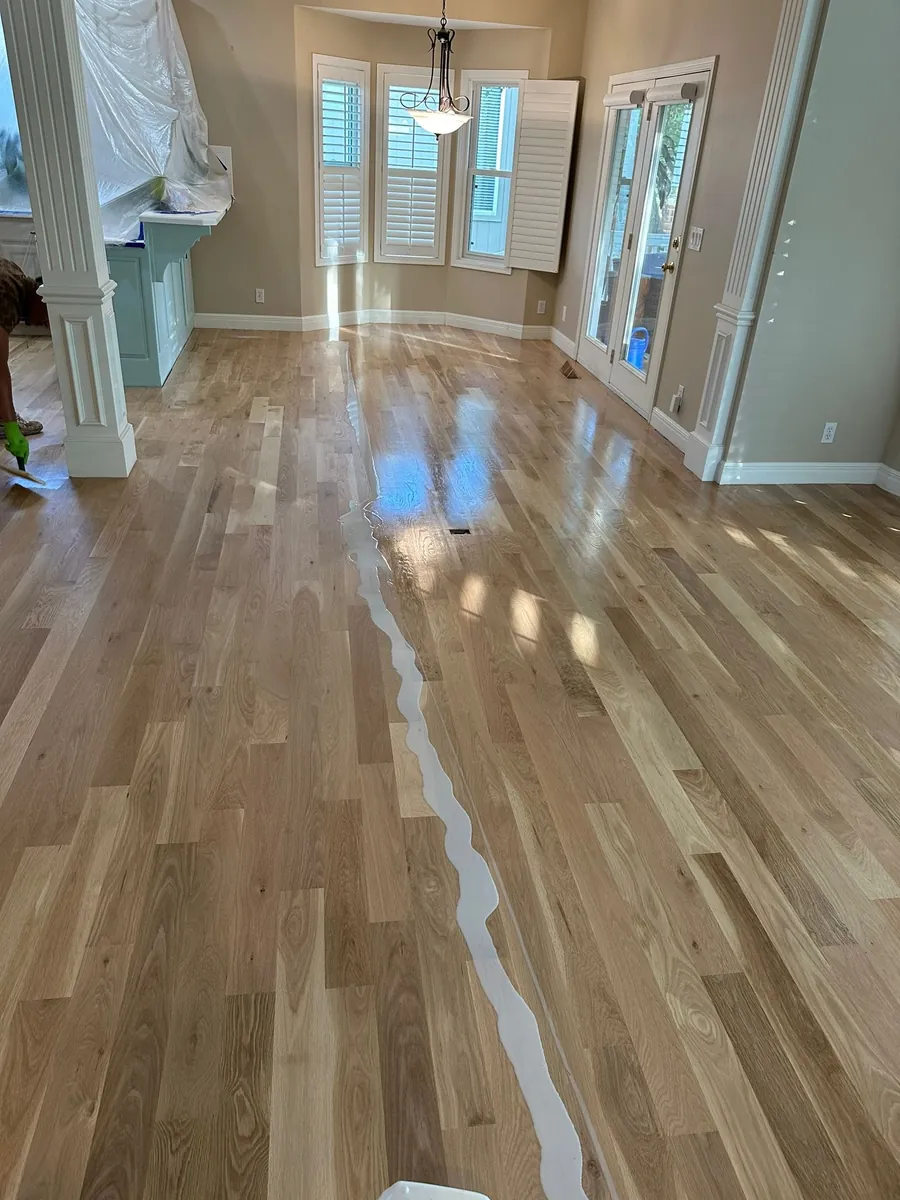 A fresh coat of finish being spread across a light oak floor